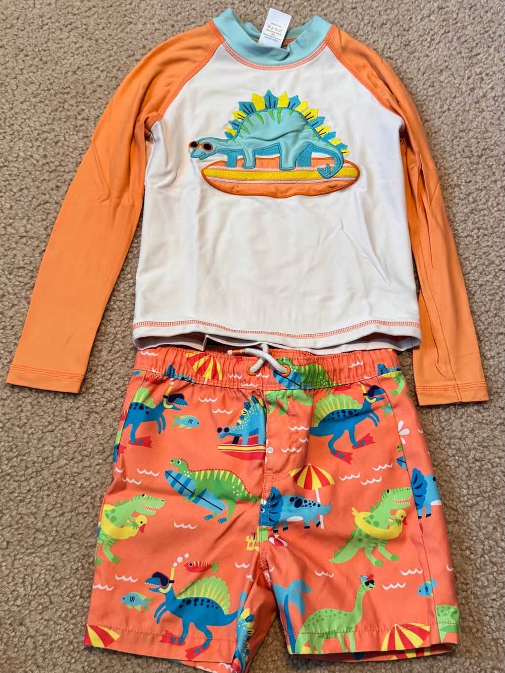 Kids Orange & White Dino Rash Guard & Swim Trunks Set